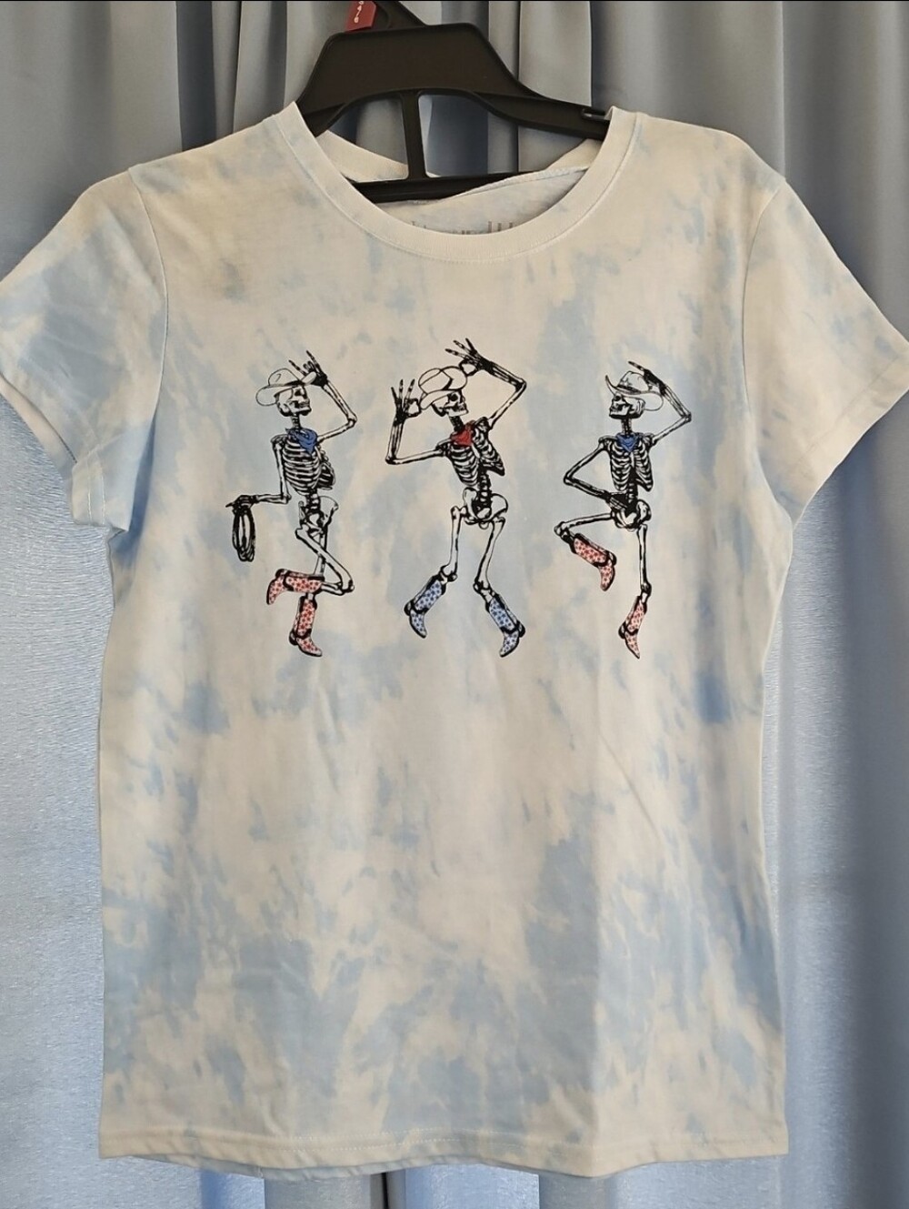 Blue Tie Dye Dancing Cowboy Skeletons Graphic Tee Shirt Women’s